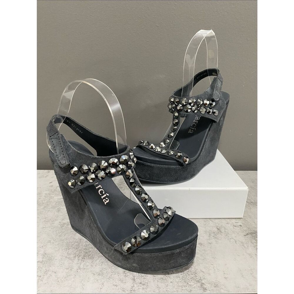 Pedro Garcia Swarovski Crystals Black Suede Platform Wedge Sandals Size 37 US 7